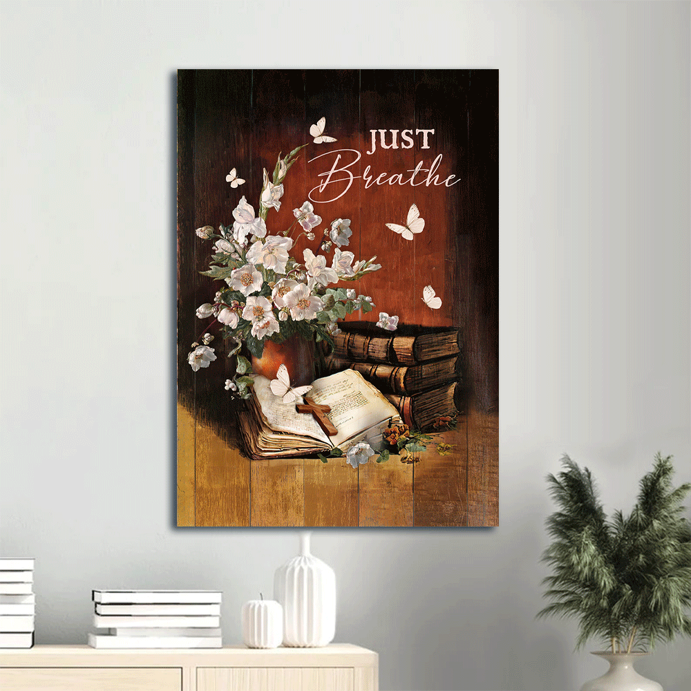 Jesus Portrait Canvas- Flower vase, Butterfly, Books, Wooden cross, Just breathe canvas- Gift for Christian - Portrait Canvas Prints, Christian Wall Art