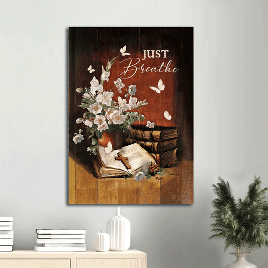 Jesus Portrait Canvas- Flower vase, Butterfly, Books, Wooden cross, Just breathe canvas- Gift for Christian - Portrait Canvas Prints, Christian Wall Art