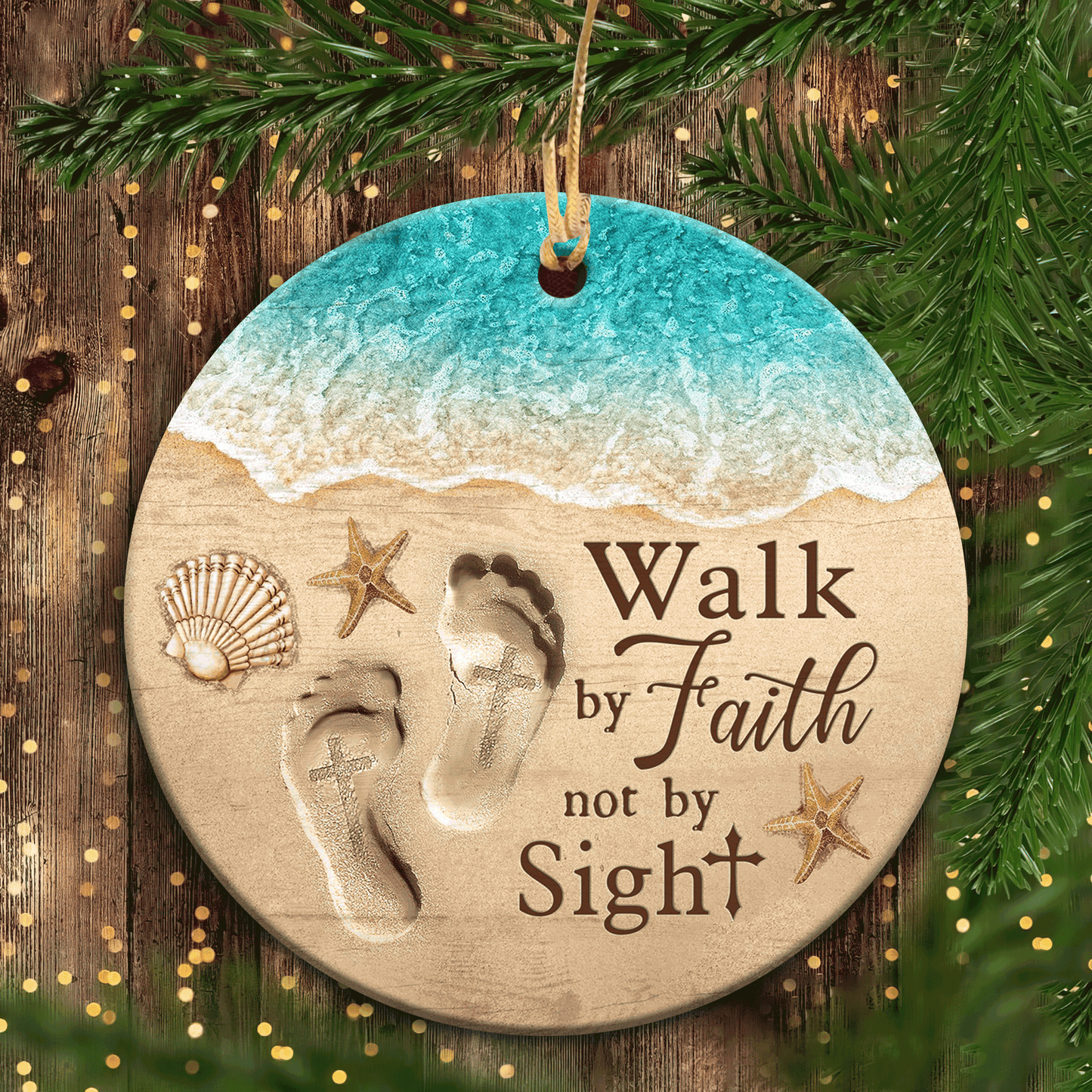 Jesus - Circle Ceramic Ornament - Footprint In The Sand - Walk By Faith Not By Sight - Gift For Religious Christian