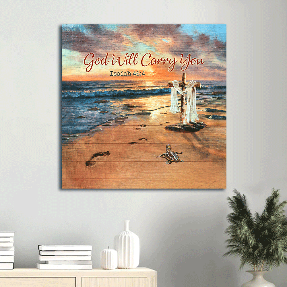 Jesus Square Canvas- Footprints on sand, On the beach, Sunset painting canvas- Gift for Christian- God will carry you -  Square Canvas Prints, Christian Wall Art