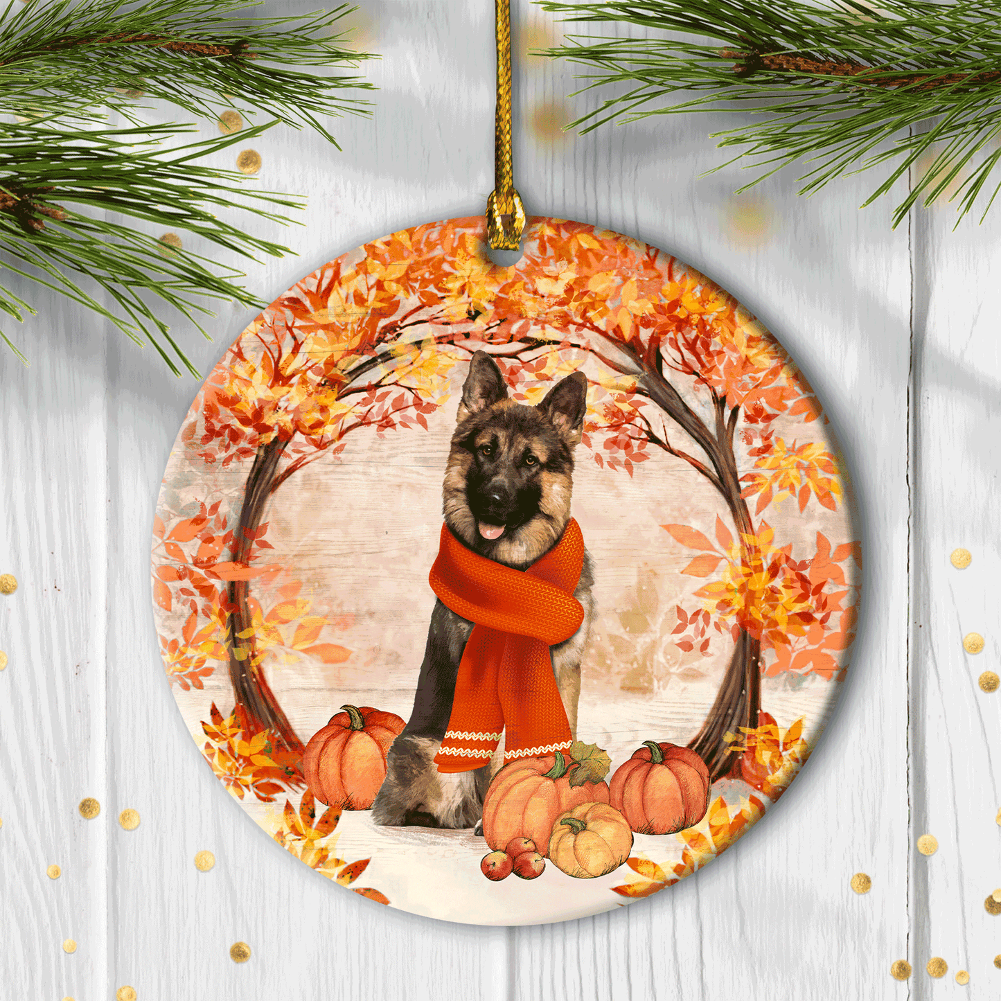 German Shepherd Circle Ceramic Ornament- German Shepherd In Autumn, Halloween, Pumpkins- Gift For German Shepherd Lover, Dog Lover