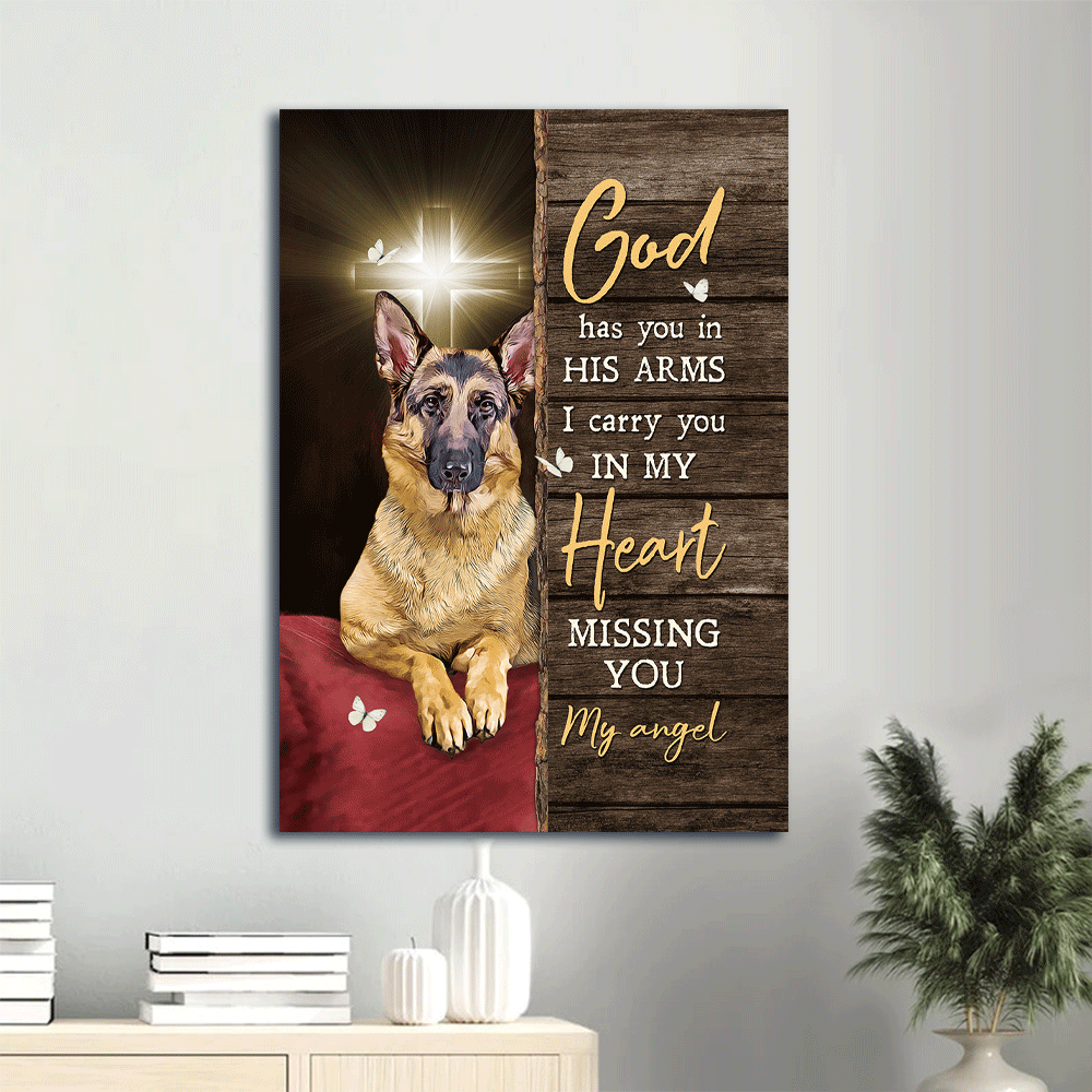 German Shepherd Portrait Canvas- German Shepherd dog, Light cross, White butterfly- Gift for Dog lover- God has you in his arms - Jesus Portrait Canvas Prints, Christian Wall Art