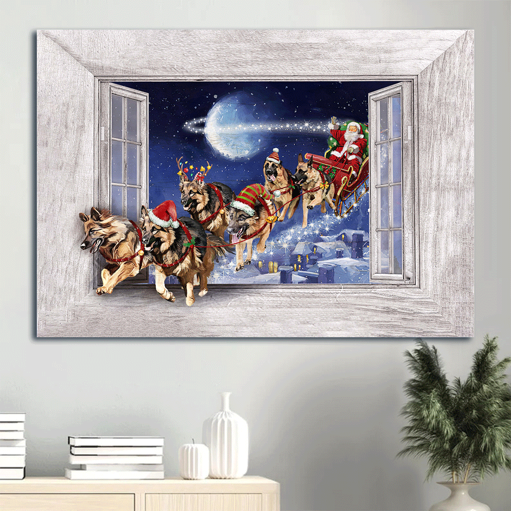 German shepherd Landscape Canvas- German shepherd drawing, Christmas painting, Santa Claus canvas- Gift for Dog lover - Landscape Canvas Prints, Wall Art