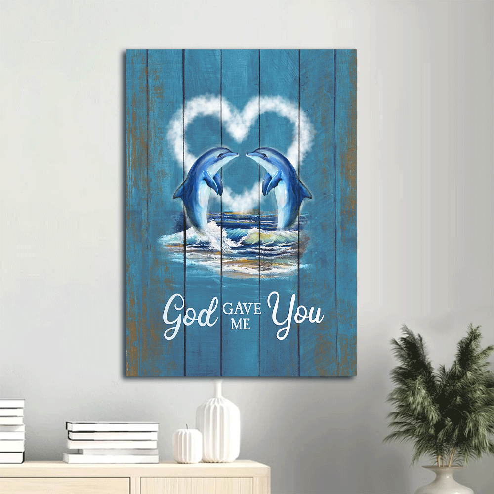 Jesus Portrait Canvas- Dolphin painting, White heart, Blue ocean canvas- Gift for Christian- God gave me you