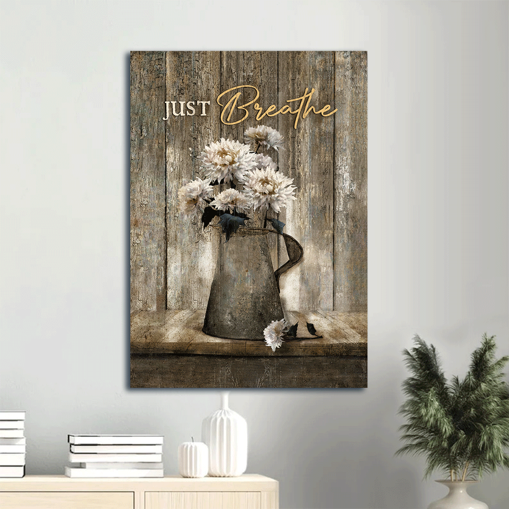 Jesus Portrait Canvas- Gorgeous chrysanthemum, Pretty flower painting, Vintage flower vase, Just breathe canvas- Gift for Christian- Portrait Canvas Prints, Christian Wall Art