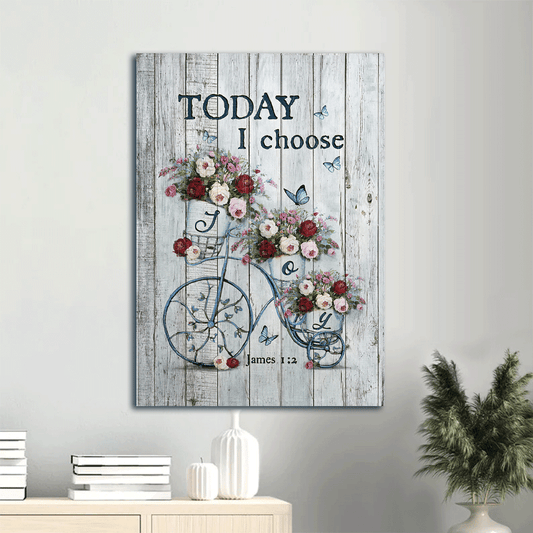 Jesus Portrait Canvas- Gorgeous roses, Lovely butterfly, Vintage bicycle canvas- Gift for Christian- Today I choose joy - Portrait Canvas Prints, Christian Wall Art