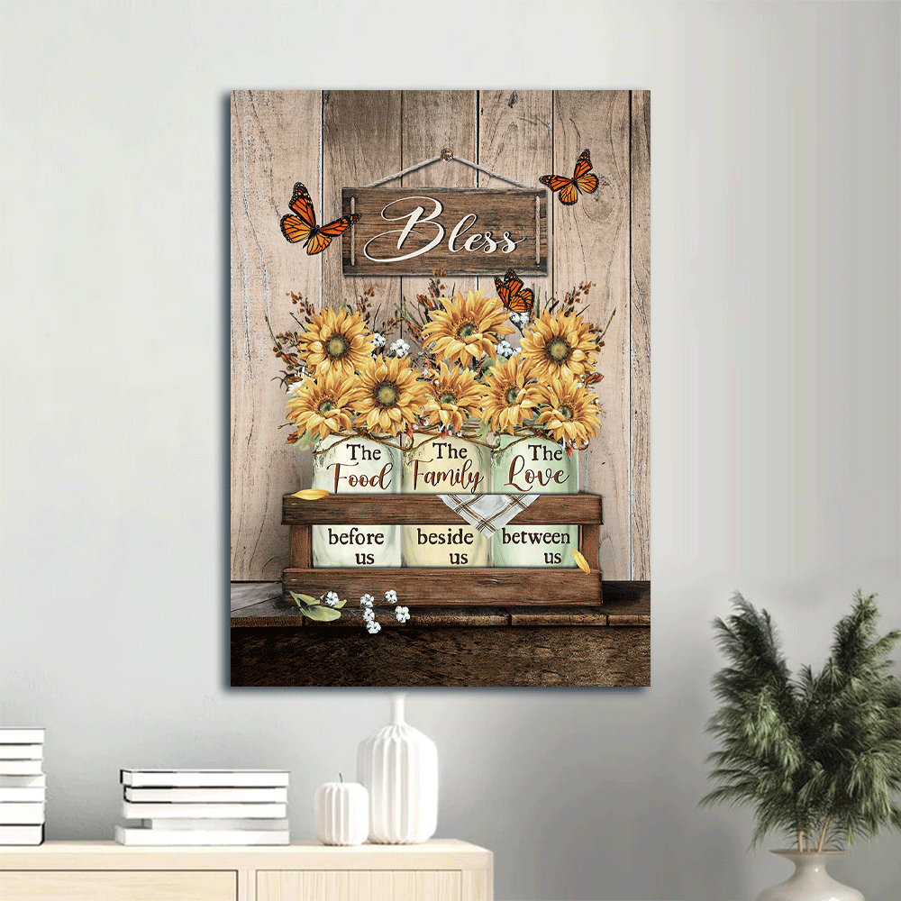 Jesus Portrait Canvas- Gorgeous sunflower jar, Lovely monarch butterfly canvas- Gift for Christian- Bless the family beside us - Portrait Canvas Prints, Christian Wall Art