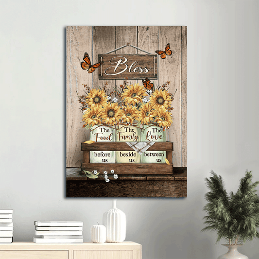 Jesus Portrait Canvas- Gorgeous sunflower jar, Lovely monarch butterfly canvas- Gift for Christian- Bless the family beside us - Portrait Canvas Prints, Christian Wall Art