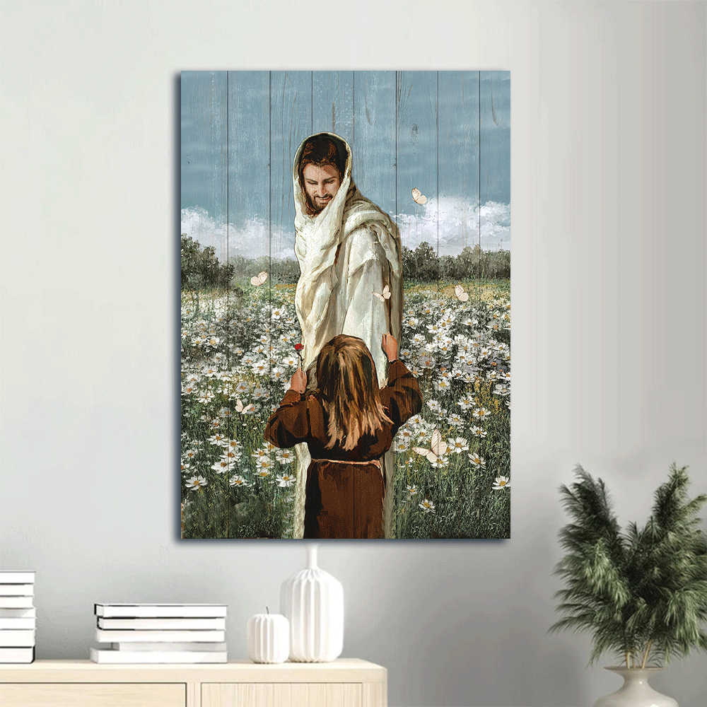 Jesus Portrait Canvas- Happy Jesus painting, Little girl, Pretty daisy field, White butterfly canvas- Gift for Christian - Portrait Canvas Prints, Christian Wall Art