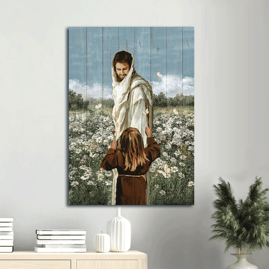 Jesus Portrait Canvas- Happy Jesus painting, Little girl, Pretty daisy field, White butterfly canvas- Gift for Christian - Portrait Canvas Prints, Christian Wall Art