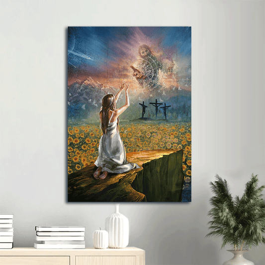 Holding my hand, Jesus Portrait Canvas- Jesus painting, Salvation prayer, Sunflower field, beautiful girl- Gift for Christian - Portrait Canvas Prints, Christian Wall Art