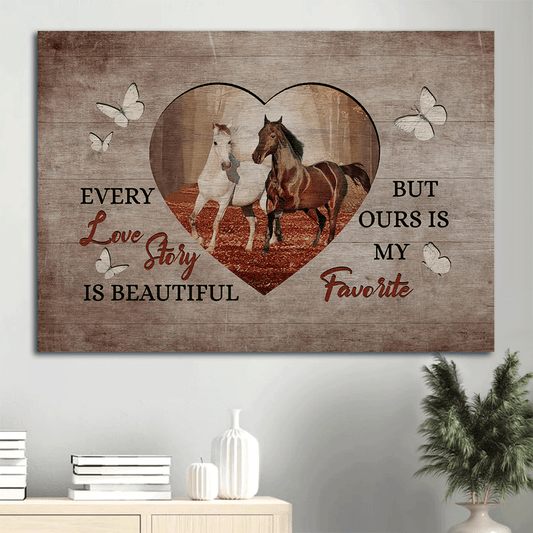 Family Landscape Canvas- Horse drawing, Autumn forest, Heart shape canvas- Gift for members family- Every love story is beautiful - Landscape Canvas Prints, Wall Art