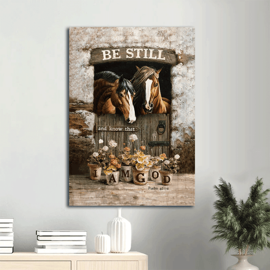 Jesus Portrait Canvas- Horse painting, In the stable, Flower jar- Gift for Christian- Be still and know that I am God - Portrait Canvas Prints, Christian Wall Art