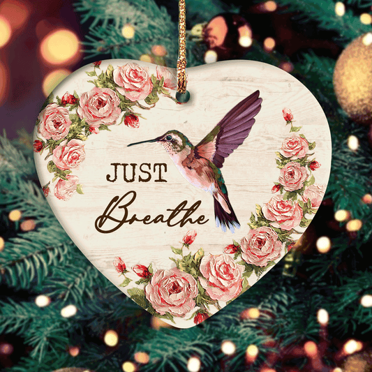 Jesus  Heart Ceramic Ornament -Hummingbird, Red roses - Christian Gift For Christmas - Just breathe