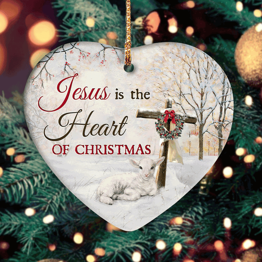 Jesus Heart Ceramic Ornament - The Crosses and Lamb Heart Ceramic Ornament - Christian Gift - Jesus is the heart of Christmas