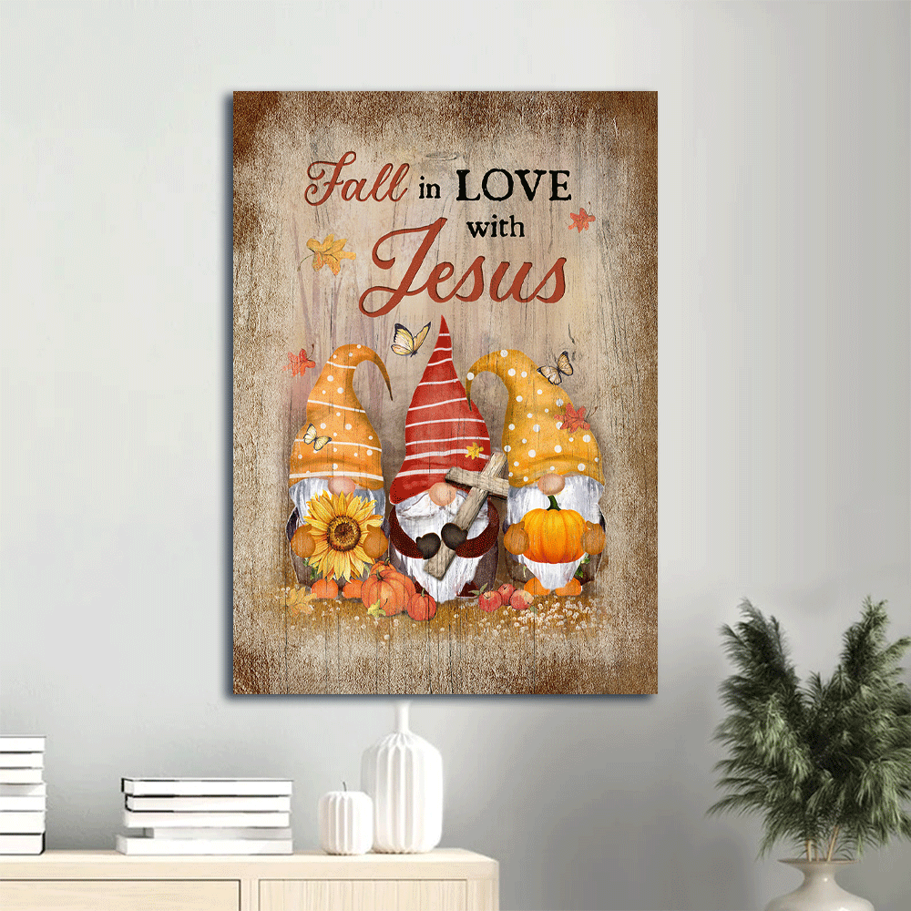 Jesus Portrait Canvas- Autumn Gnome, Wooden Cross, Sunflower, Butterfly Portrait Canvas- Gift For Christian- Fall In Love With Jesus