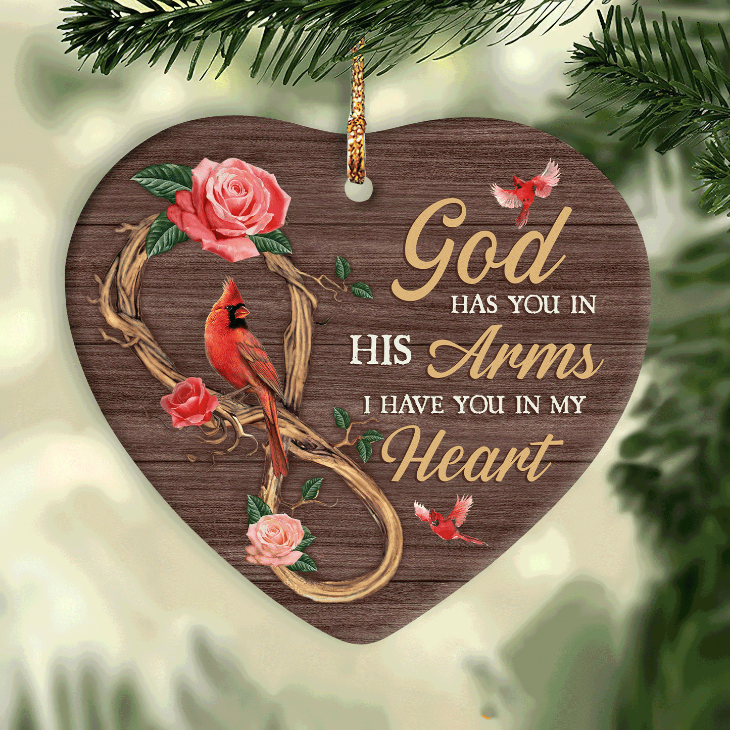 Jesus Heart Ceramic Ornament- Red Cardinal, Pink Rose - Christian Gift - God Has You In His Arm