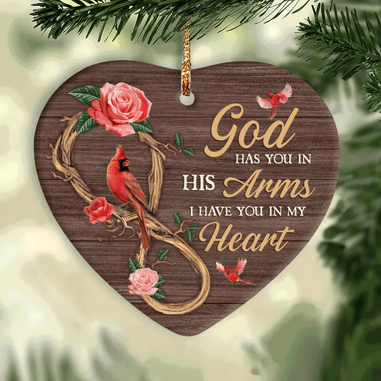 Jesus Heart Ceramic Ornament- Red Cardinal, Pink Rose - Christian Gift - God Has You In His Arm