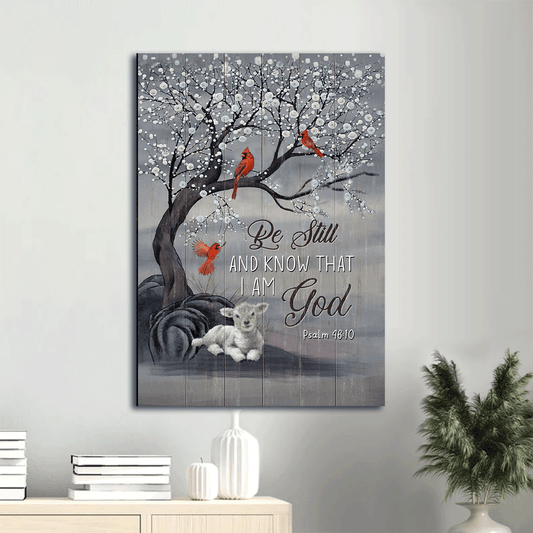 Jesus Portrait Canvas - Snow tree, Red cardinal painting, White lamb- Gift for Christian- Be still and know that I am God - Portrait Canvas Prints, Wall Art