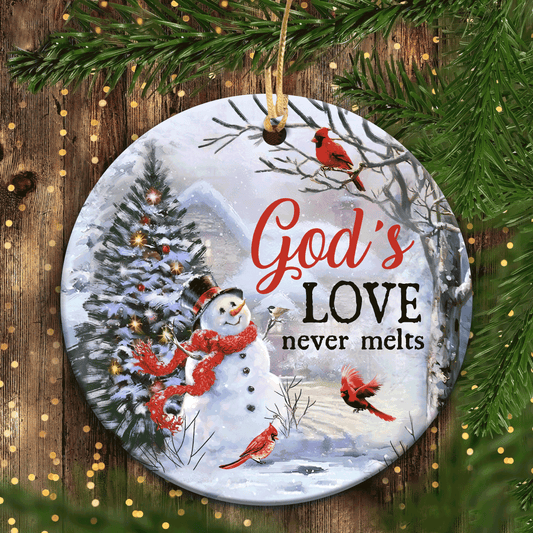 Jesus - Circle Ceramic Ornament - Snowman Christmas And Cardinal Bird - God's Love Never Melts - Gift For Religious Christian