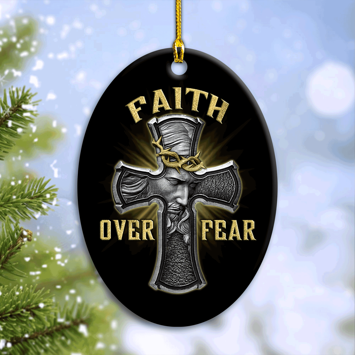 Jesus Oval Ceramic Ornament - Cross - Christian Gift - Faith Over Fear