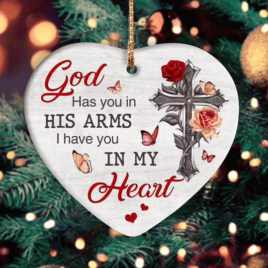 Jesus Heart Ceramic Ornament - Cross, Rose, Pink Butterfly- Christian Gift - Jesus Has You In His Arm