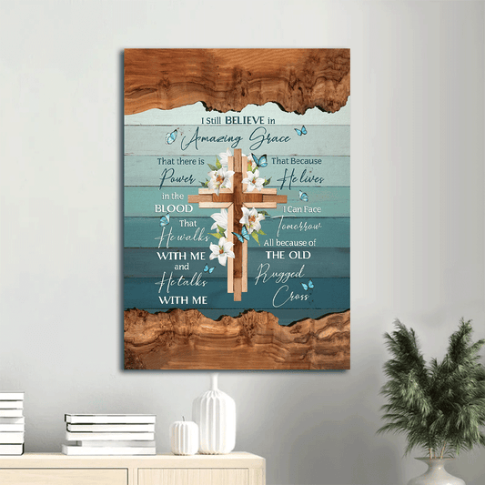 Jesus Portrait Canvas- Lily painting with butterfly, Wooden cross- Gift for Christian- I still believe in amazing grace - Portrait Canvas Prints, Wall Art