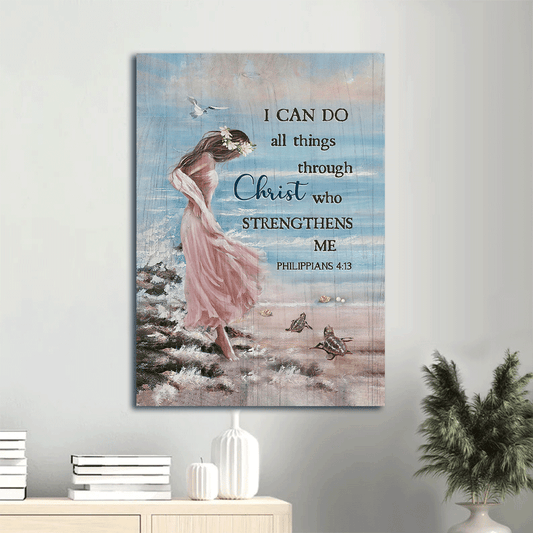 Jesus Portrait Canvas- Girl in the beach, Turtle,  Blue beach- Gift for Christian- I can do all things through Christ - Portrait Canvas Prints, Wall Art