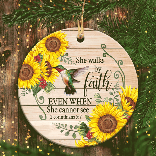 Jesus Circle Ceramic Ornament- Hummingbird, Sunflower- Gift For Religious Christian- She Walks By Faith