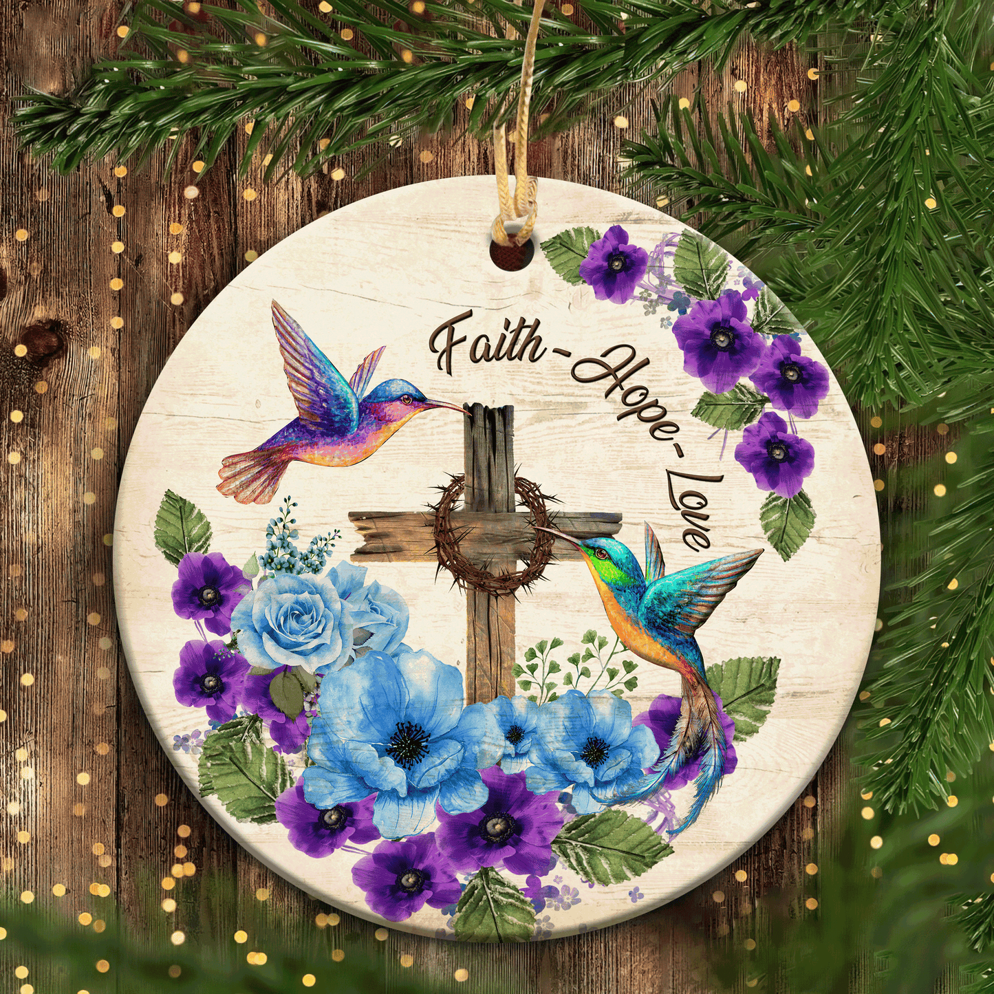 Jesus And Hummingbird - Circle Ceramic Ornament -  Hummingbird And The Wooden Cross, Faith Love Hope - Gift For Religious Christian