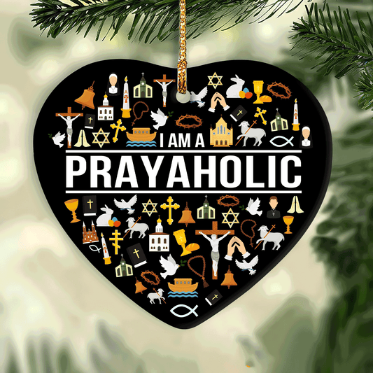 Jesus Heart Ceramic Ornament- Christian Gift - I Am A Prayaholic Heart Ceramic Ornament