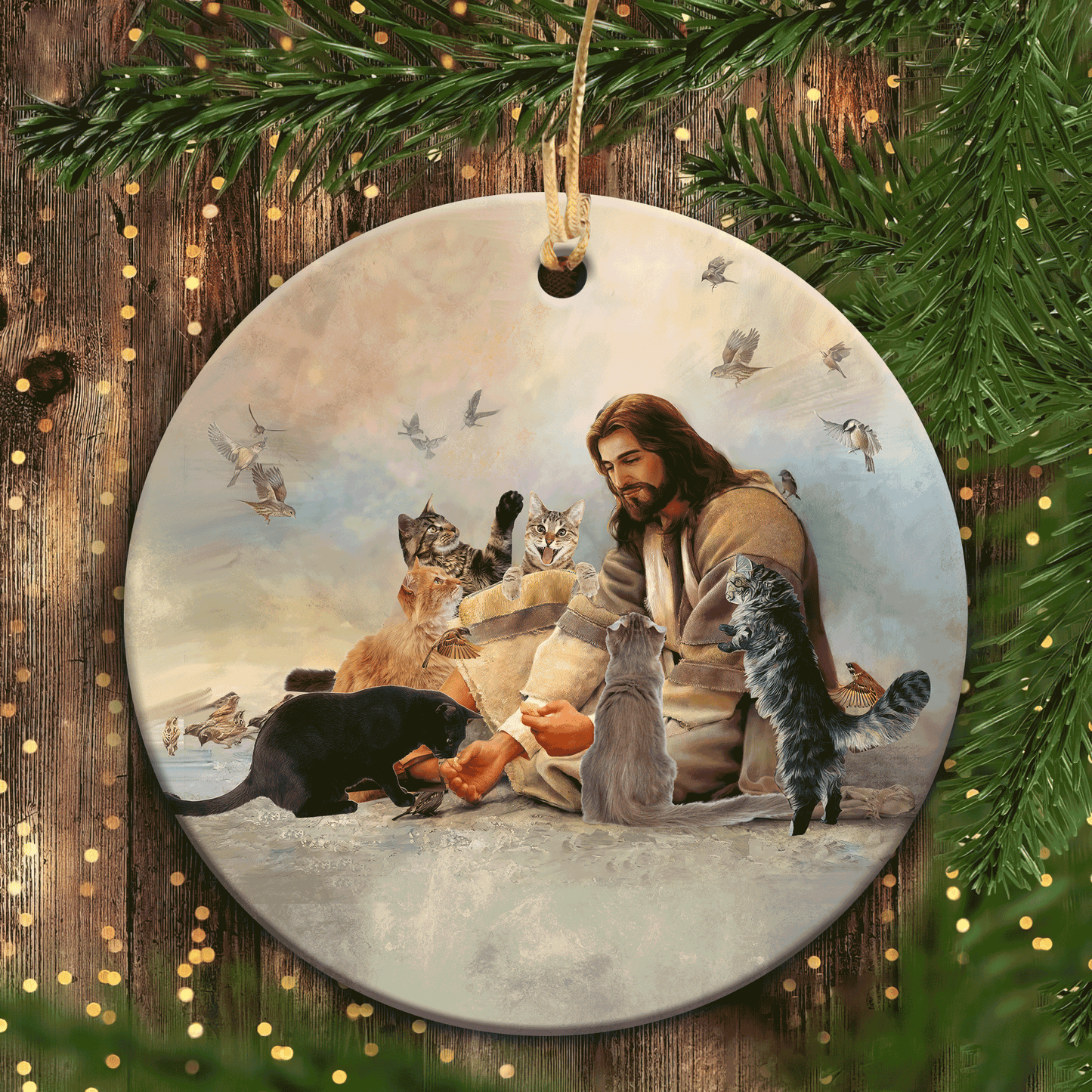 Jesus Circle Ceramic Ornament - The Cats Circle Ceramic Ornament - Christian Gift - Jesus Playing with Cats