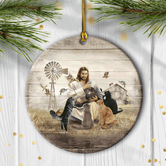 Jesus Circle Ceramic Ornament - Cats On Farm, Countryside Circle Ceramic Ornament - Gift For Religious Christian - Jesus Playing With Cats On Farm