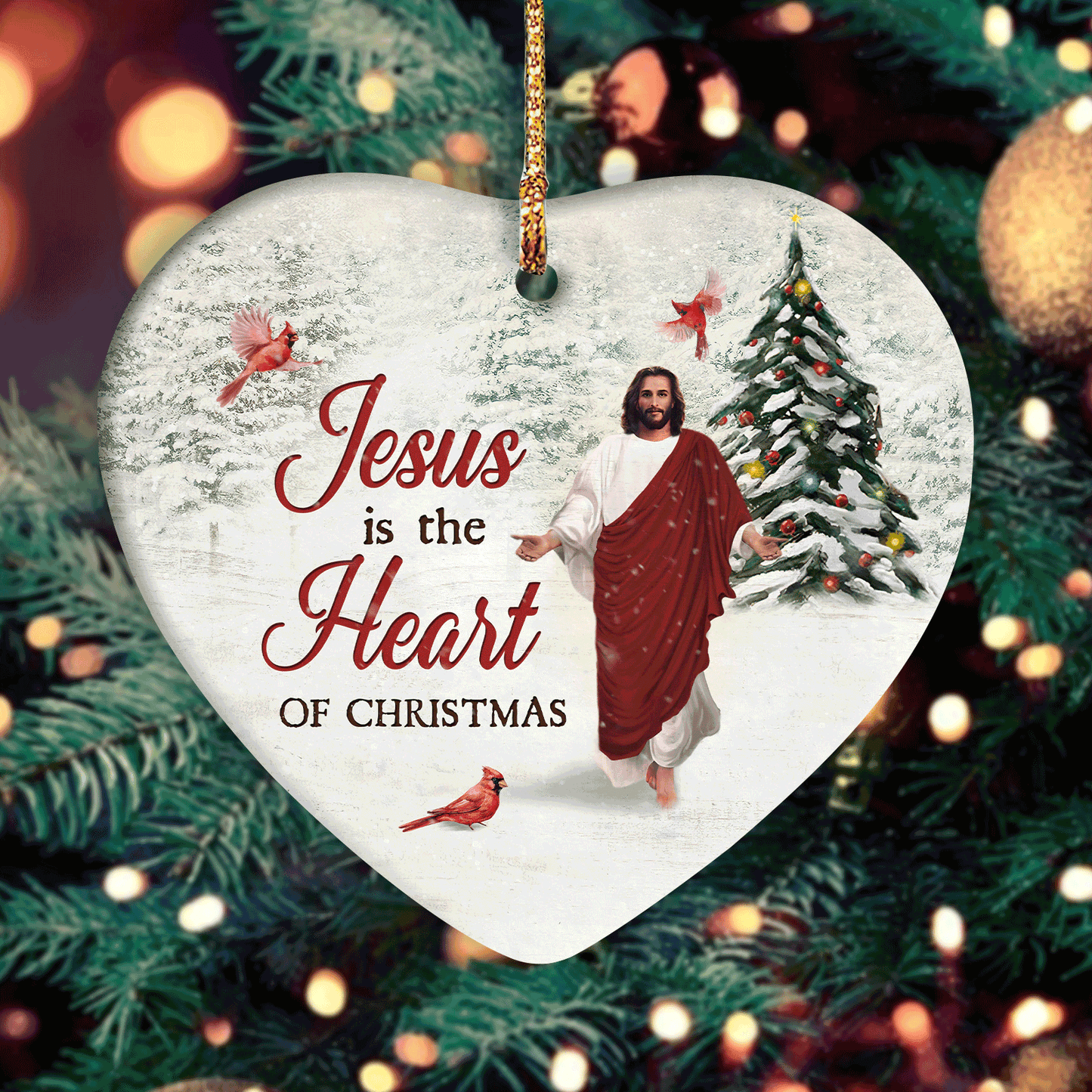 Jesus Heart Ceramic Ornamen - Jesus With Walking On Snow, Red Cardinal Heart Ceramic Ornament - Christian Gift - Jesus Is A Heart Of Christmas