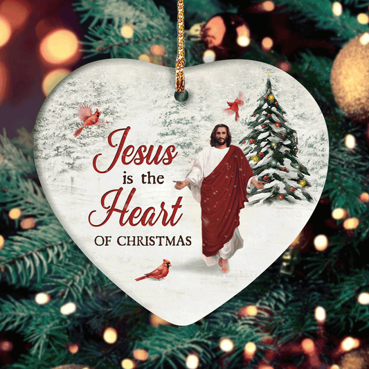 Jesus Heart Ceramic Ornamen - Jesus With Walking On Snow, Red Cardinal Heart Ceramic Ornament - Christian Gift - Jesus Is A Heart Of Christmas