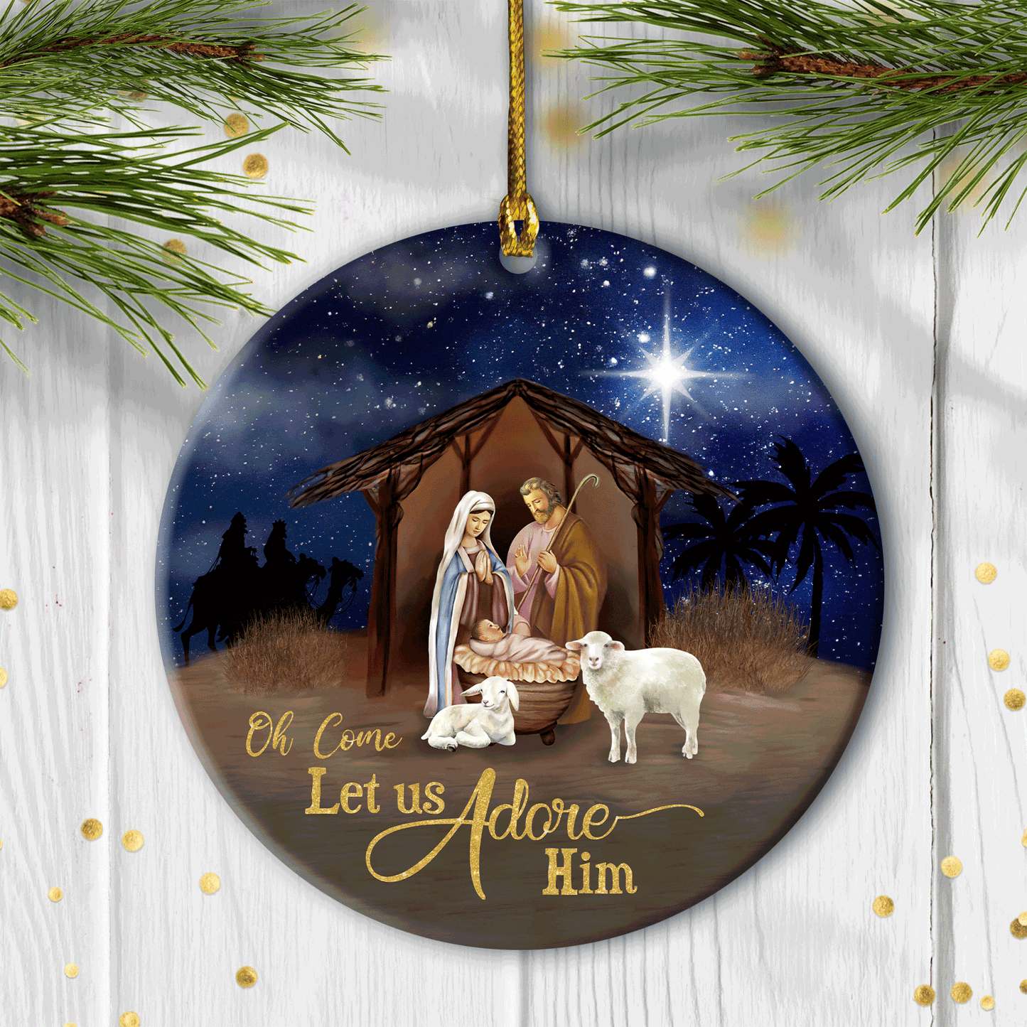 Jesus - Circle Ceramic Ornament - Let Us Adore Him - Jesus, God, Faith Painting - Gift For Religious Christian