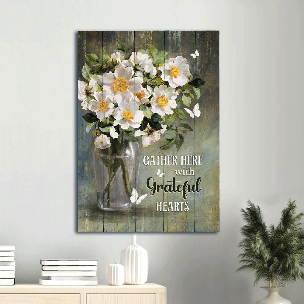 Jesus Portrait Canvas- Magnolias flower, Still Painting, White butterfly canvas- Gift for Christian- Gather here with grateful hearts - Portrait Canvas Prints, Wall Art