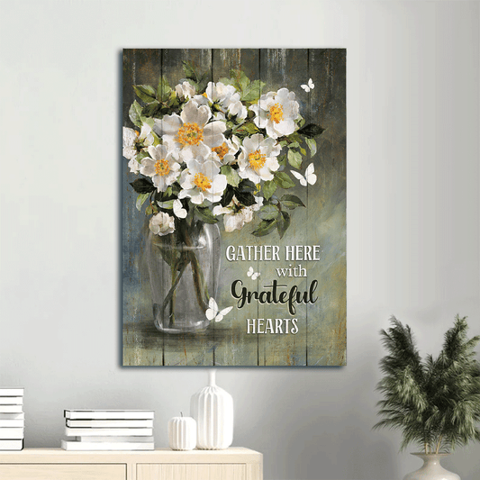 Jesus Portrait Canvas- Magnolias flower, Still Painting, White butterfly canvas- Gift for Christian- Gather here with grateful hearts - Portrait Canvas Prints, Wall Art