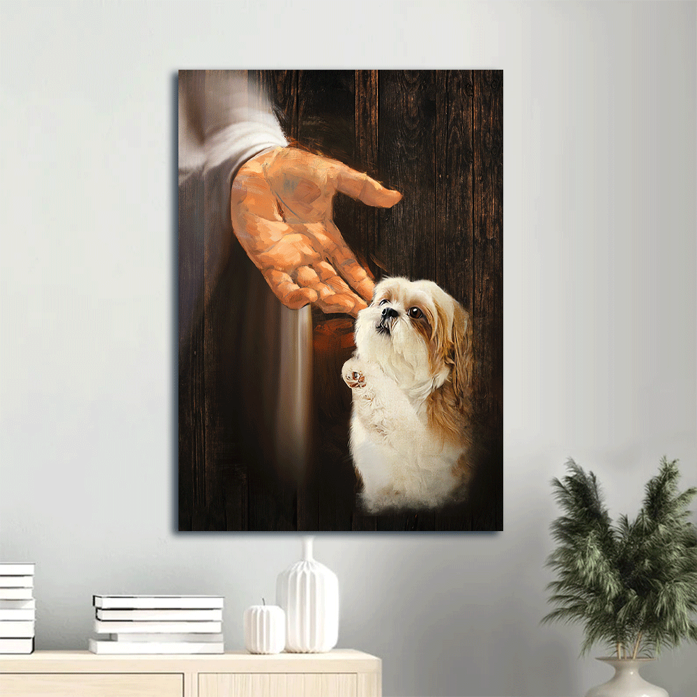 Jesus Portrait Canvas- Shih Tzu puppies, Jesus hand- Gift for Christian, dog lover - Dog Portrait Canvas Prints, Wall Art