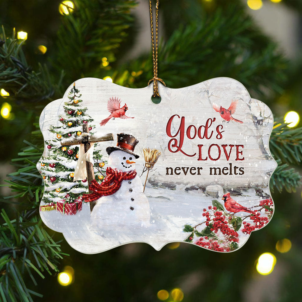 Jesus Aluminum Ornament - Snowman, Wooden Cross Aluminum Ornament - Christian Gift For Christmas - God's Love Never Melts