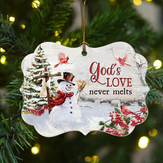 Jesus Aluminum Ornament - Snowman, Wooden Cross Aluminum Ornament - Christian Gift For Christmas - God's Love Never Melts