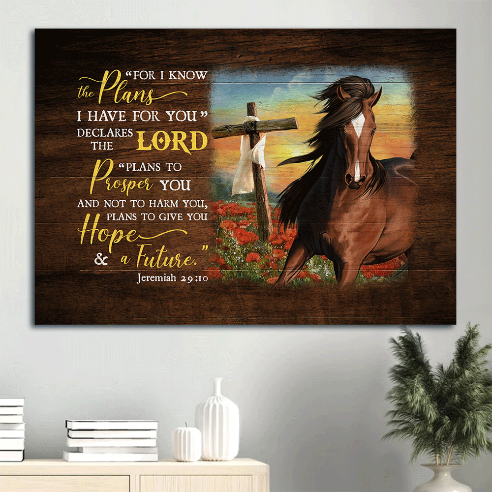 Jesus Landscape Canvas- Horse, Flower field, Wooden Cross canvas- Gift for Christian- For I know the plans I have for you - Landscape Canvas Prints, Wall Art