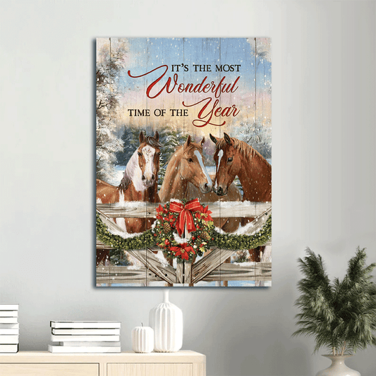 Jesus Portrait Canvas- Horse farm, Christmas Wreath, Winter canvas- Gift for Christian- It's the most wonderful time of the year - Portrait Canvas Prints, Wall Art