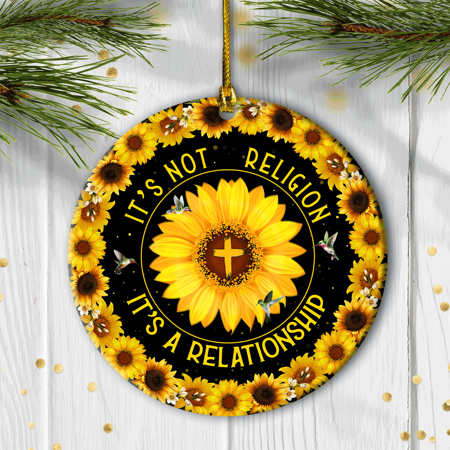 Jesus Circle Ceramic Ornament- Sunflower, Cross Symbol Circle Ceramic Ornament- Gift For Religious Christmas- It's Not Religion, It's A Relationship