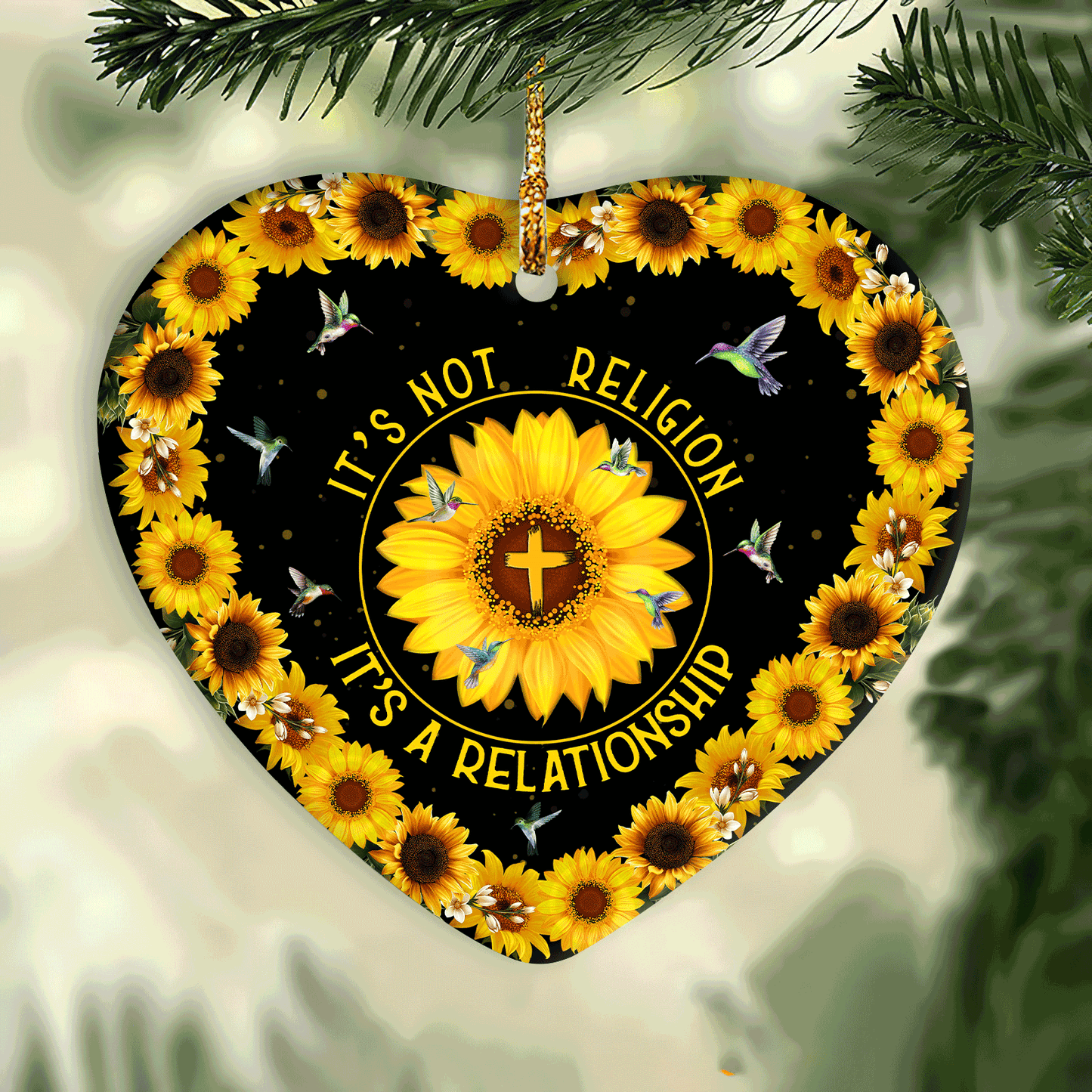 Jesus Heart Ceramic Ornament - Sunflower pattern, Colorful hummingbird - Christian Gift - It's not religion, it's a relationship
