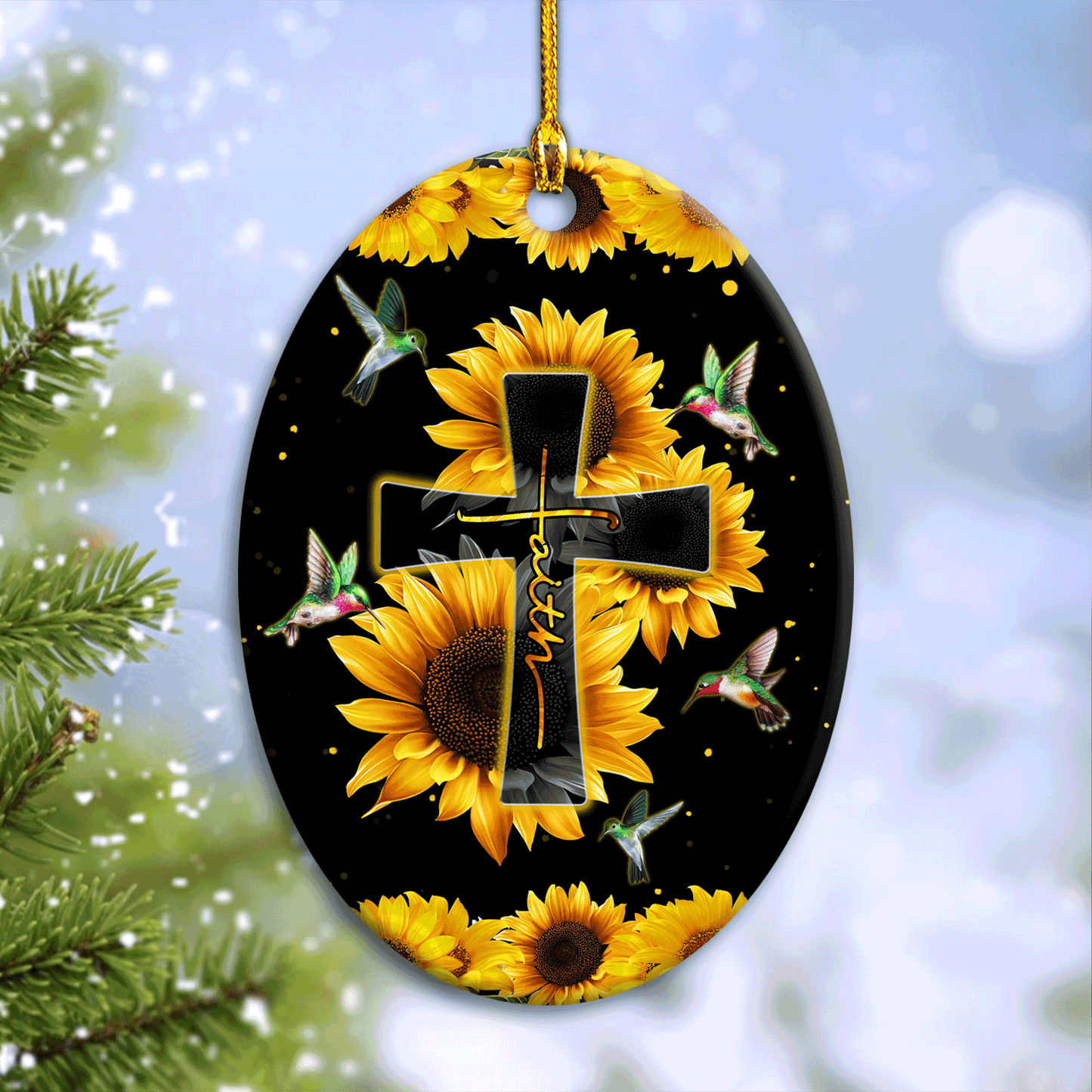 Jesus Oval Ceramic Ornament - Sunflower, Black Cross Oval Ceramic Ornament- Christian Gift - Faith