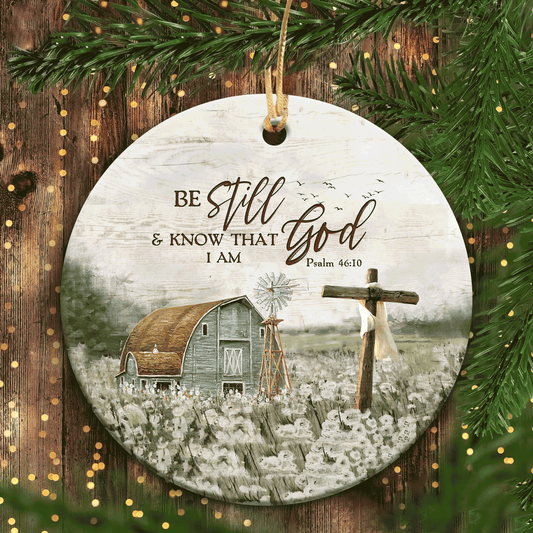 Jesus Circle Ceramic Ornament - Tranquil Farm, Wooden Cross Circle Ceramic Ornament - Gift for Religious Christian - Be Still And Know that I Am God