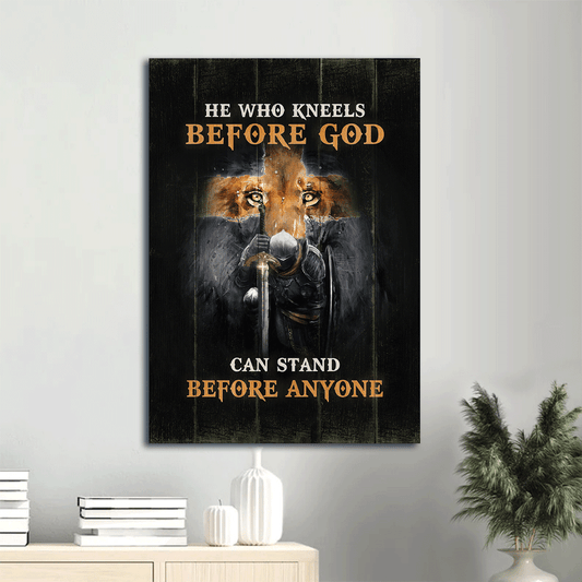 Jesus Portrait Canvas - Warrior, Lion, Cross Canvas - Gift For Christian - He Who Kneels Before God Can Stand Before Anyone Canvas