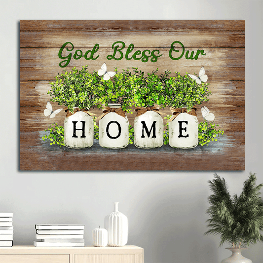 Jesus Landscape Canvas - Baby Rubber Plant Vase, White Butterfly, God bless our home - Gift For Christian