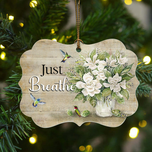 Jesus Aluminum Ornament - White flower and hummingbird Aluminum Ornament - Christian Gift - Just Breathe